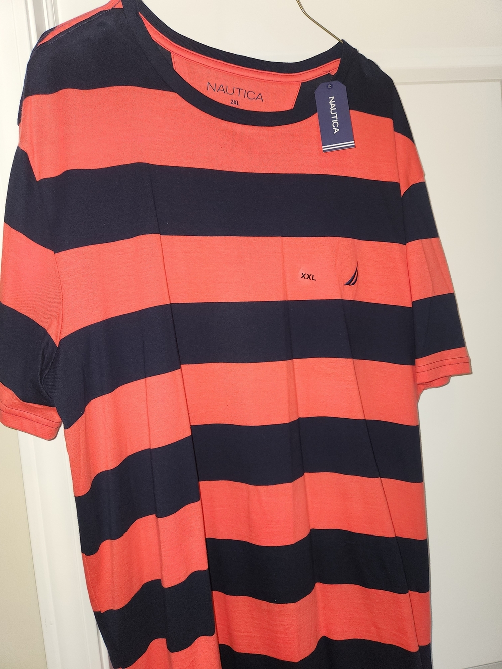 Nautica Coral & Navy Bold Horizontal Stripe Short Sleeve Tee